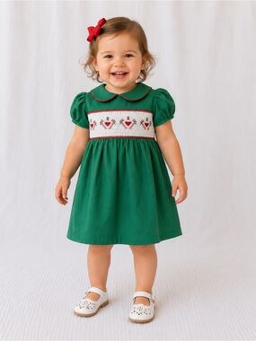 Green Smocked Holiday Dress with Heart Trim